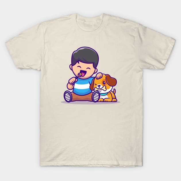 Cute Boy Eating Lollipop With Dog Eating Bone T-Shirt by Catalyst Labs